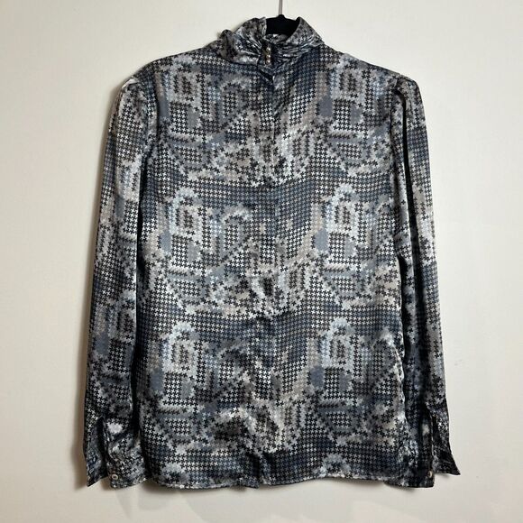 Vintage Stuart Lang Satin Geometric Houndstooth Turtleneck Secretary Blouse Sz L - Picture 2 of 4